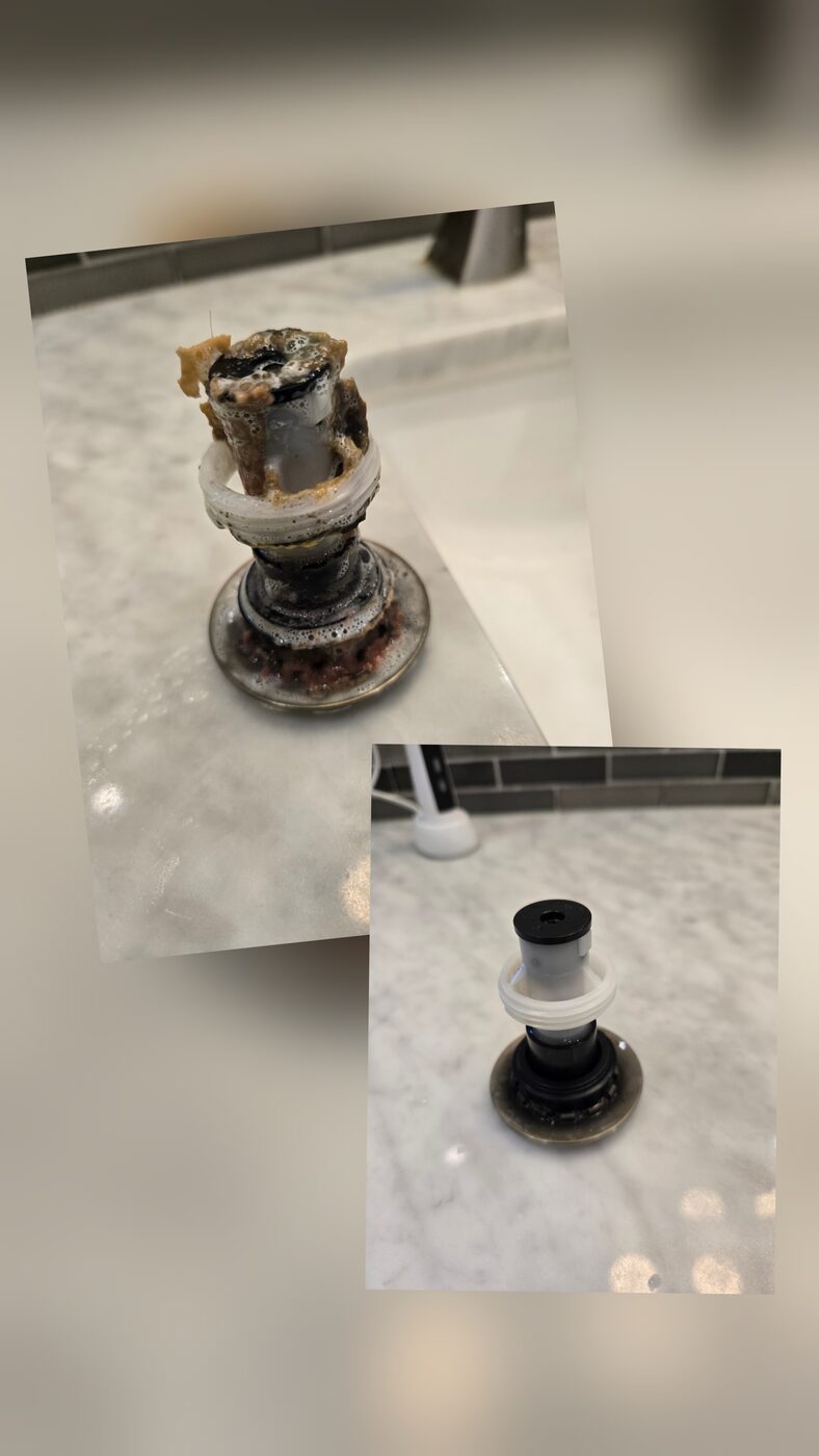 Before and after cleaning of a kitchen sink drain and disposal