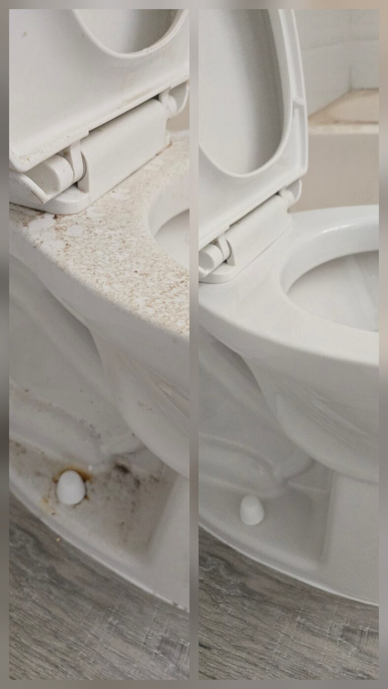 Before and after cleaning of a toilet base and seat